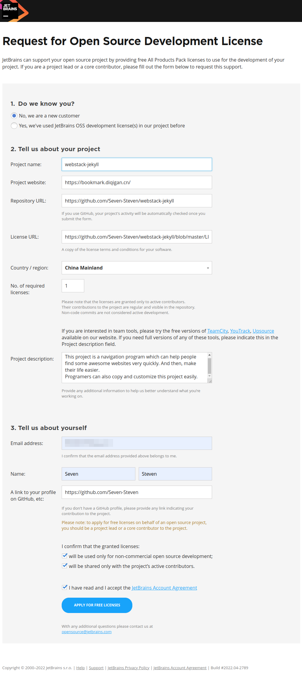 intellij-open-source-license-request-new-customer